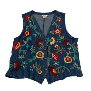 Vintage 70s 90s Embroidered Floral Denim Vest Retro Grandma Core Western Size 14